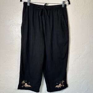 Jane Ashley Size Large Black Capri Embroidered Tiger 100% Cotton Resort Pull On